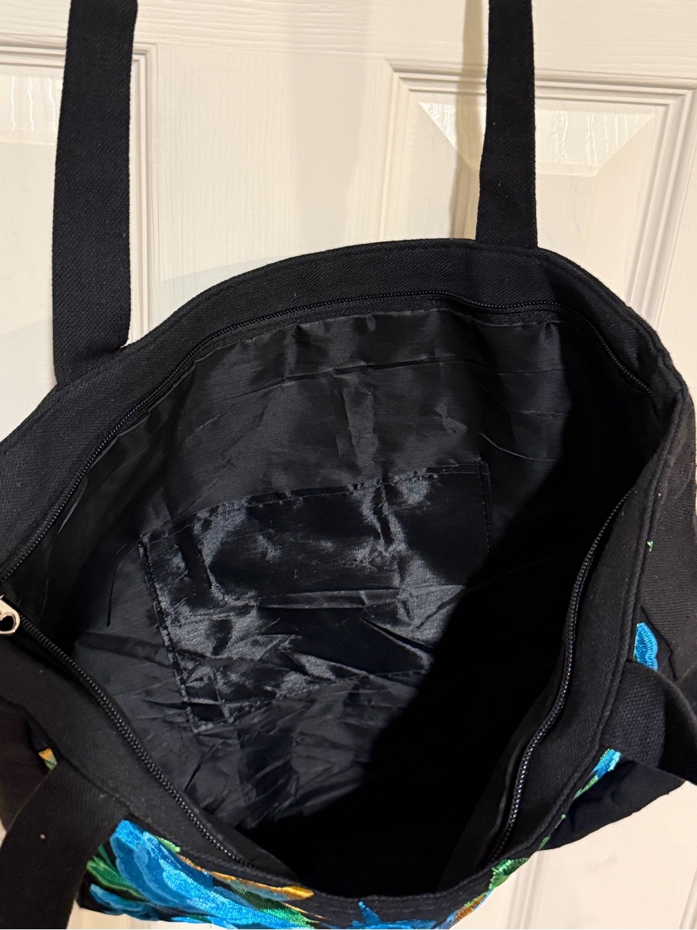 Black Tote with Blue Floral & Bird Embroidery - Picture 5 of 5